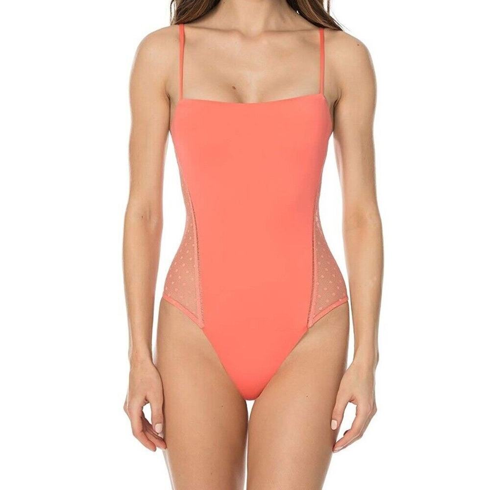 Isabella Rose Women Peach Swiss Dot Mesh Sides Strap One-Piece Swimsuit Size S